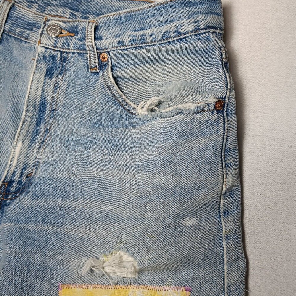 Jean Shorts Size 32 Patchwork Cottagecore Bonnet Girl Upcycl Distressed Floral - Picture 14 of 16
